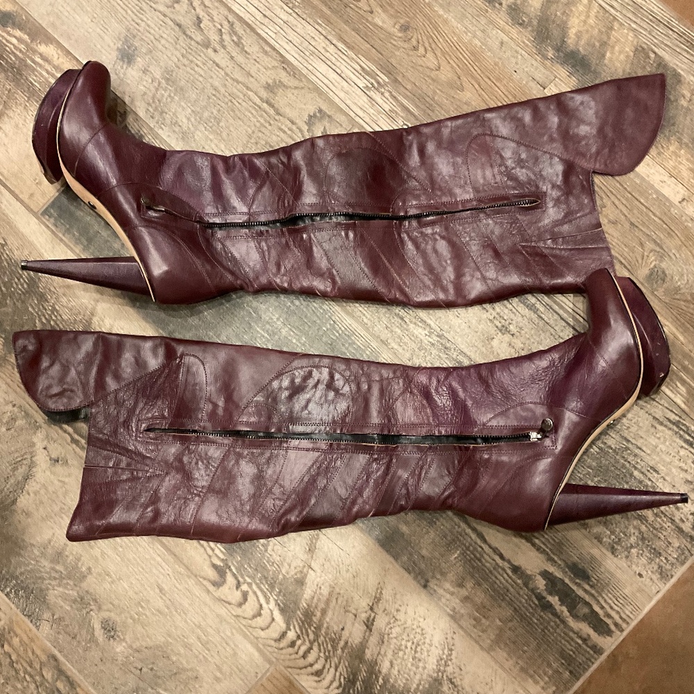 Velvet Angels over-the-knee high heeled platform leather boots. 9.5US Eggplant